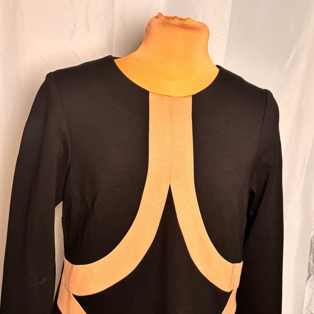 Scapa Lauren Pierre Black Tan Colorblock Bodycon Sheath Dress Long Sleeve Size M - Picture 3 of 7